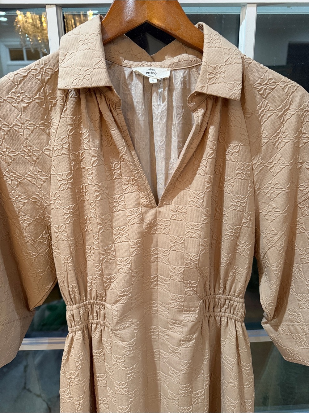 Coastal Grandmillennial Textured Tan Maxi Dress Smocked Pockets Entro Small - Picture 2 of 15